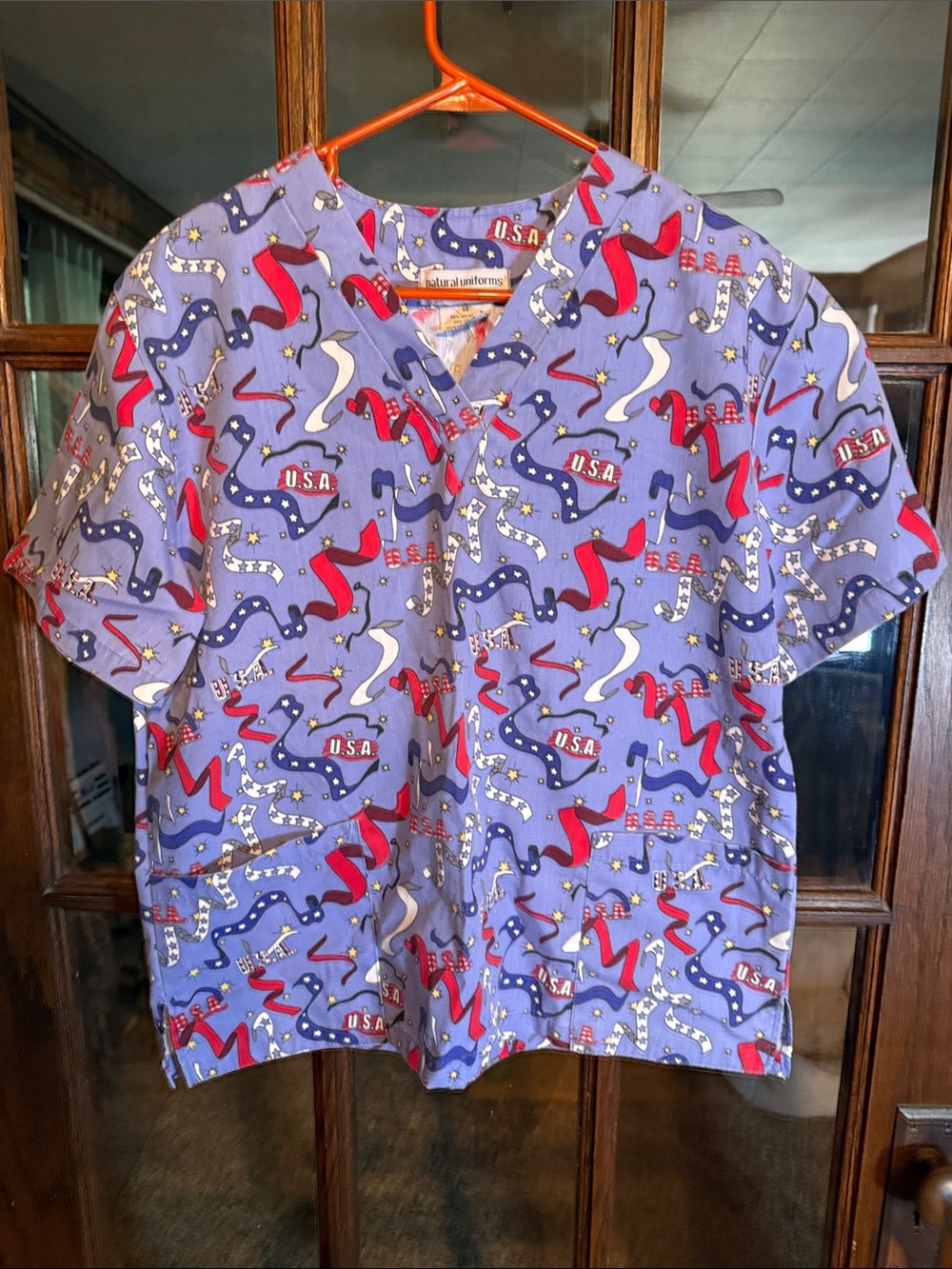 Natural Uniforms USA Print Scrub Top Women XS‎ Blue Red White Stars V-Neck